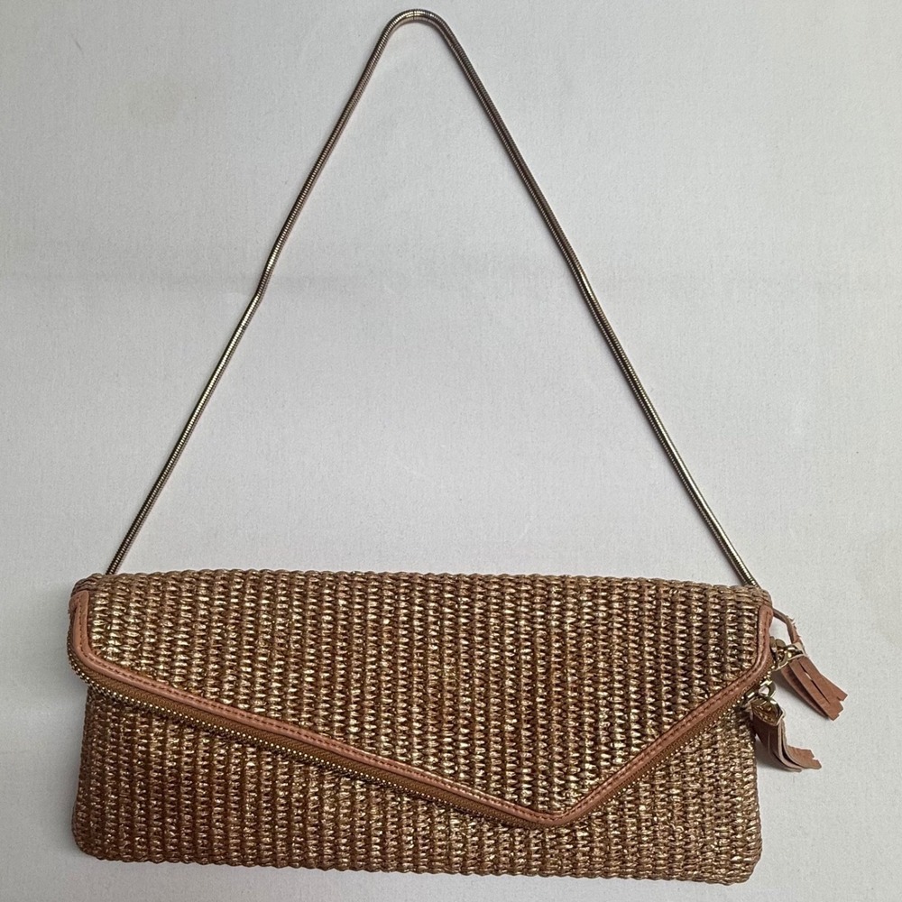 Henri Bendel Woven Straw Clutch Foldover Shoulder Bag Gold Metallic Leather